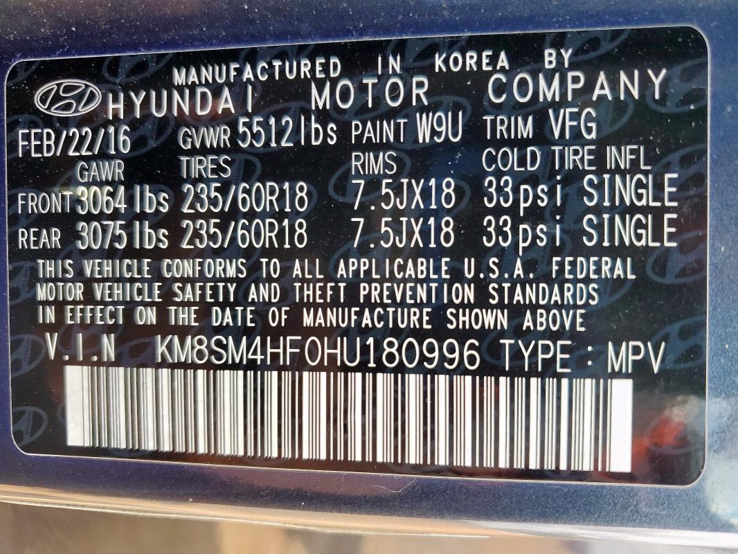 2017 HYUNDAI SANTA FE SE KM8SM4HF0HU180996