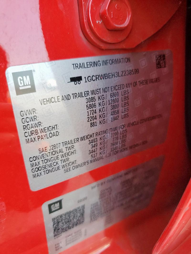 2020 CHEVROLET SILVERADO C1500 CUSTOM - 1GCRWBEH3LZ238599