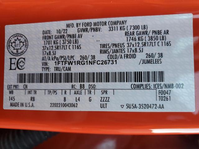 2022 FORD F150 RAPTO - 1FTFW1RG1NFC26731