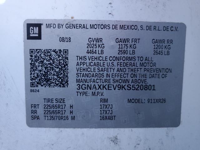 2019 CHEVROLET EQUINOX LT 3GNAXKEV9KS520801