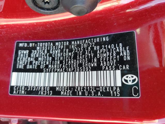2022 TOYOTA COROLLA LE 5YFEPMAE1NP365092