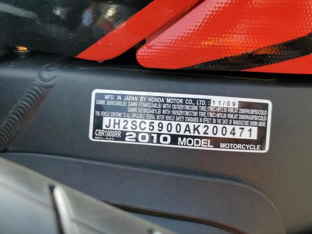 2010 HONDA CBR1000 RR JH2SC5900AK200471