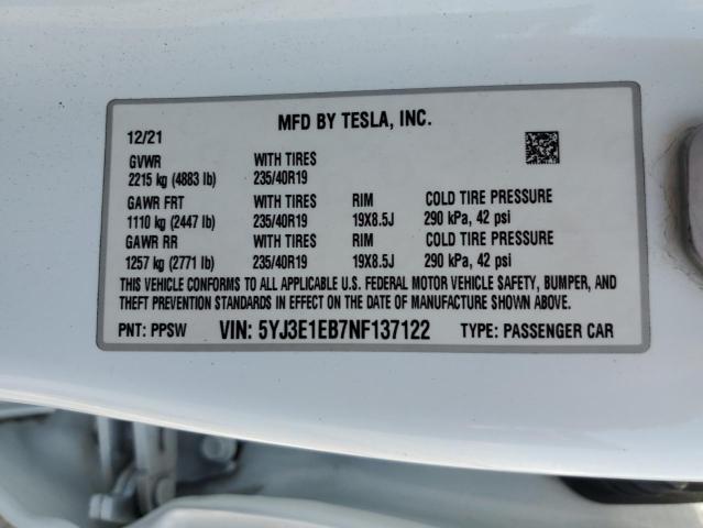 2022 TESLA MODEL 3 5YJ3E1EB7NF137122