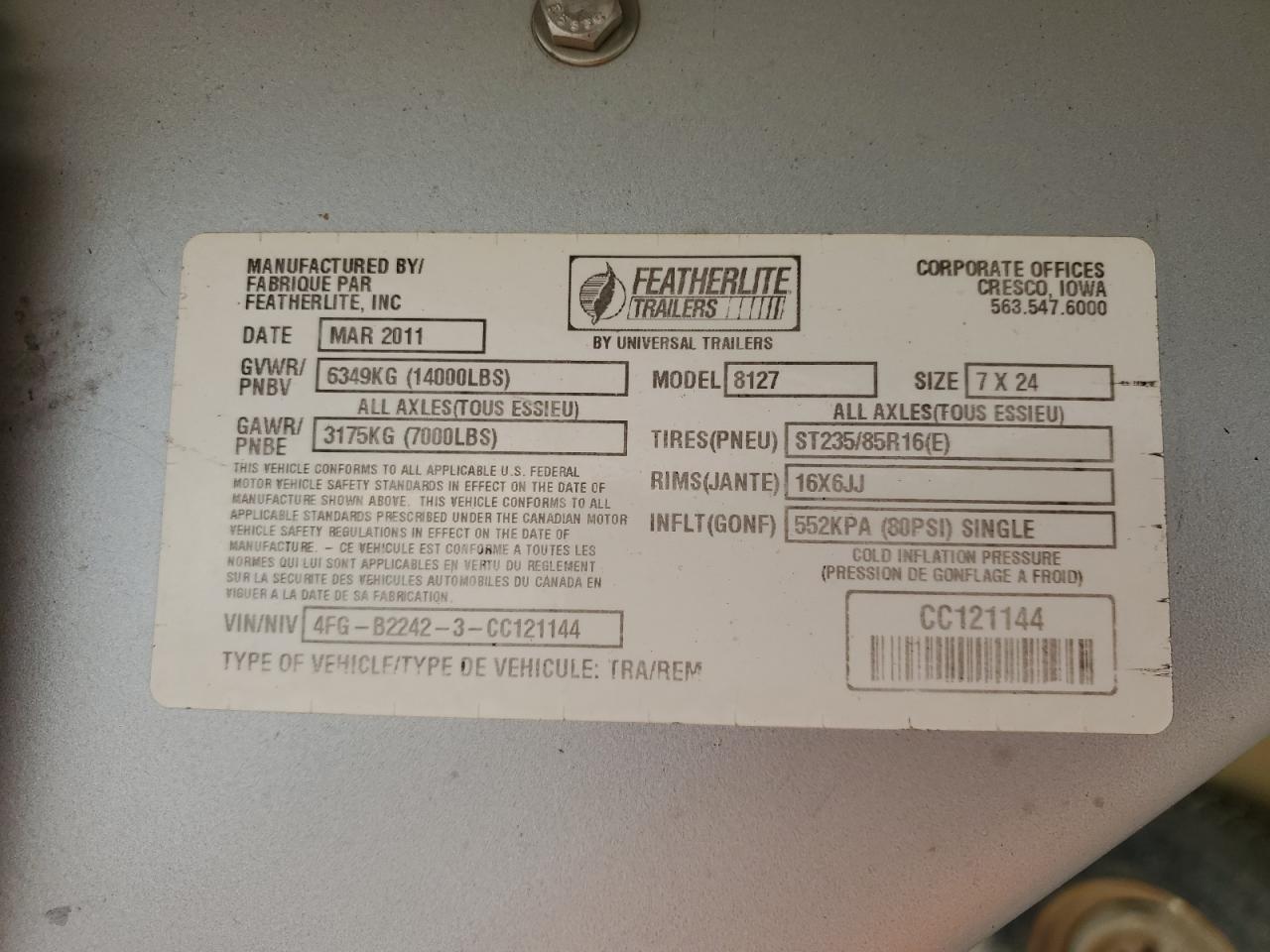 Lot #3242695115 2012 FEATHERLITE MFG INC TRAILER