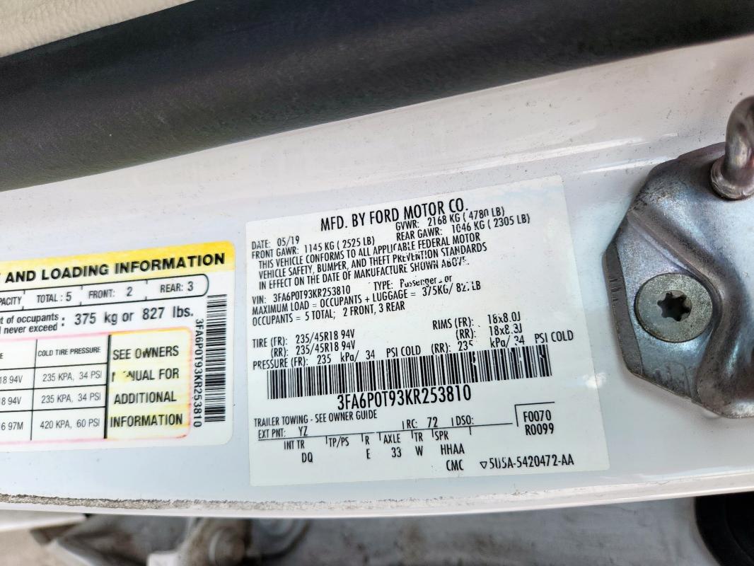 2019 FORD FUSION SE 3FA6P0T93KR253810