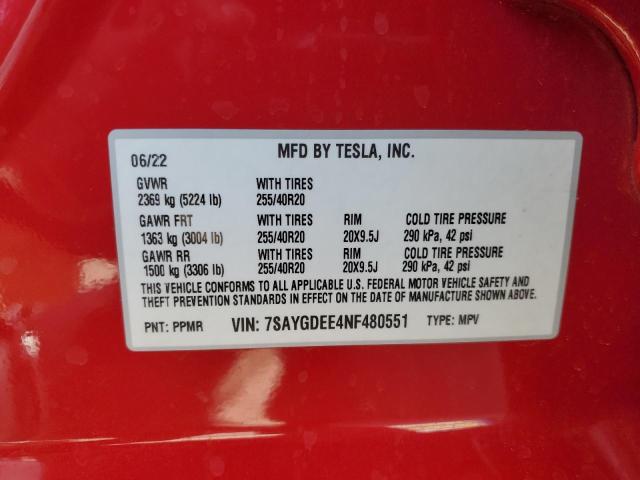 2022 TESLA MODEL Y 7SAYGDEE4NF480551