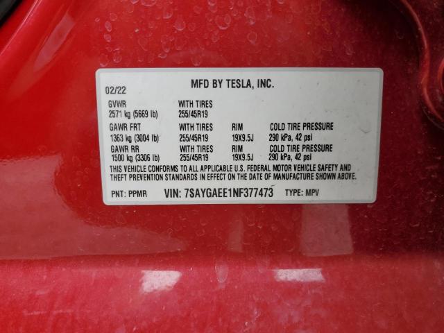 2022 TESLA MODEL Y 7SAYGAEE1NF377473