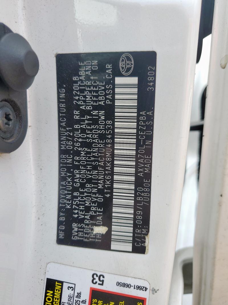 2021 TOYOTA CAMRY XSE 4T1K61AK8MU484538