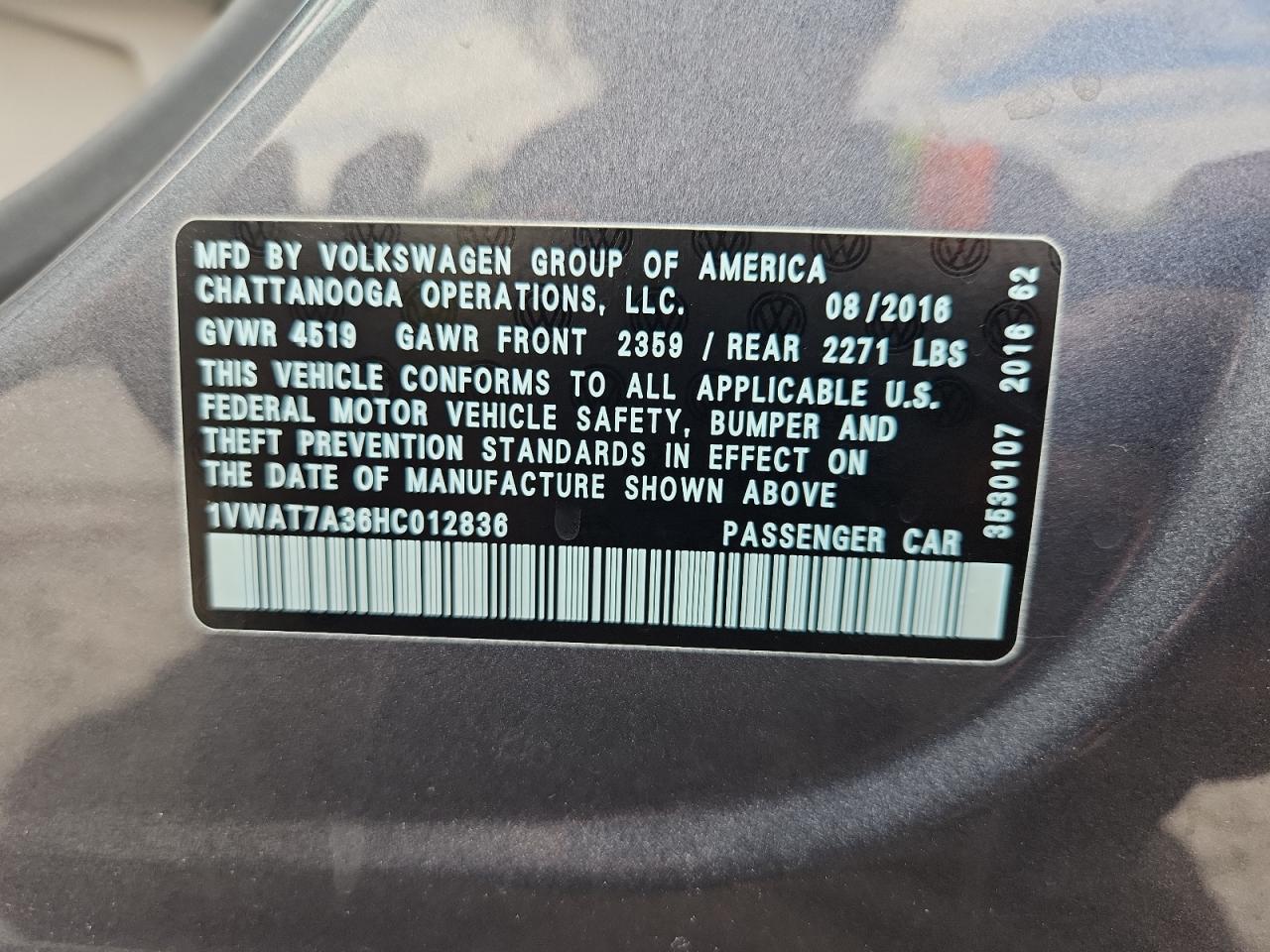 Lot #3221697343 2017 VOLKSWAGEN PASSAT S