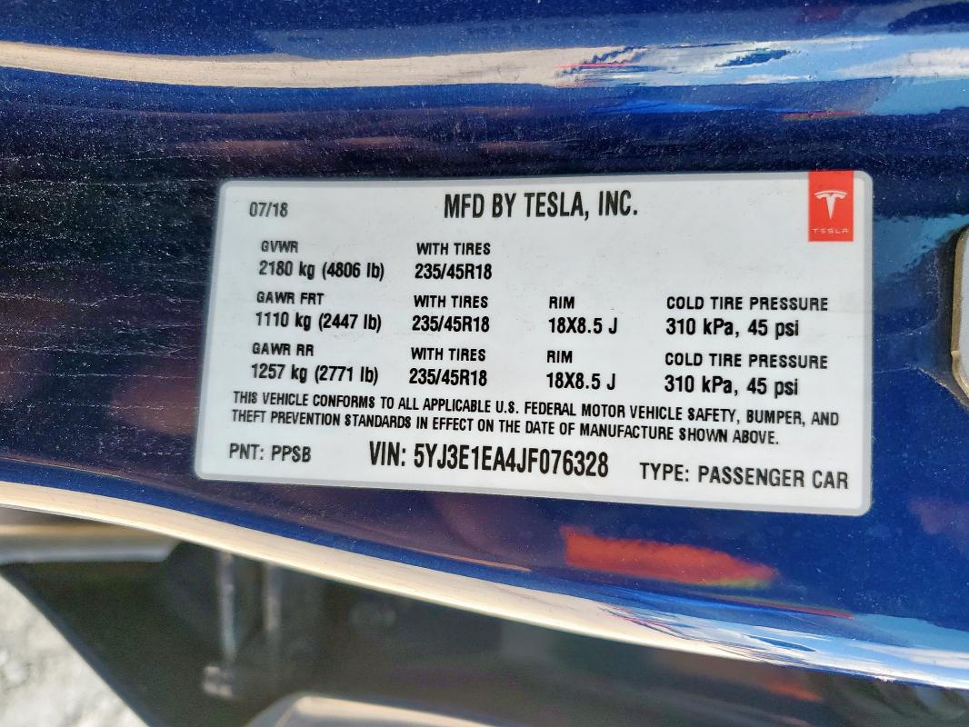 2018 TESLA MODEL 3 5YJ3E1EA4JF076328