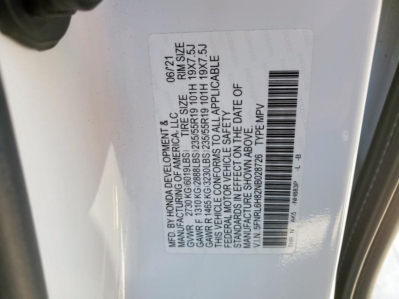 2022 HONDA ODYSSEY TO 5FNRL6H82NB028726