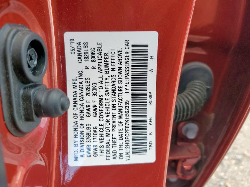 2019 HONDA CIVIC LX 2HGFC2F67KH562339