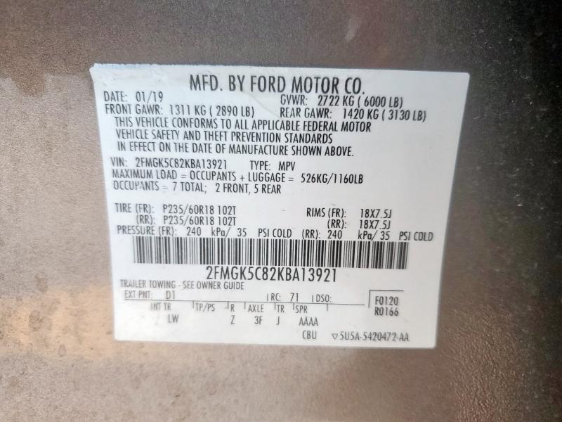 2019 FORD FLEX SEL 2FMGK5C82KBA13921