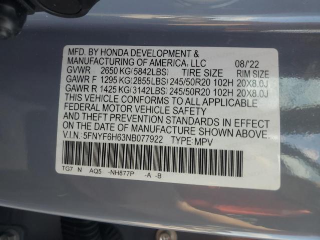 2022 HONDA PILOT TOUR 5FNYF6H63NB077922