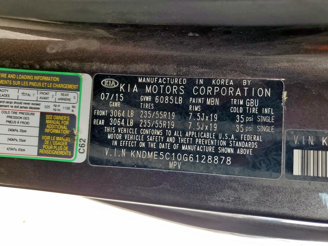 2016 KIA SEDONA SXL KNDME5C10G6128878