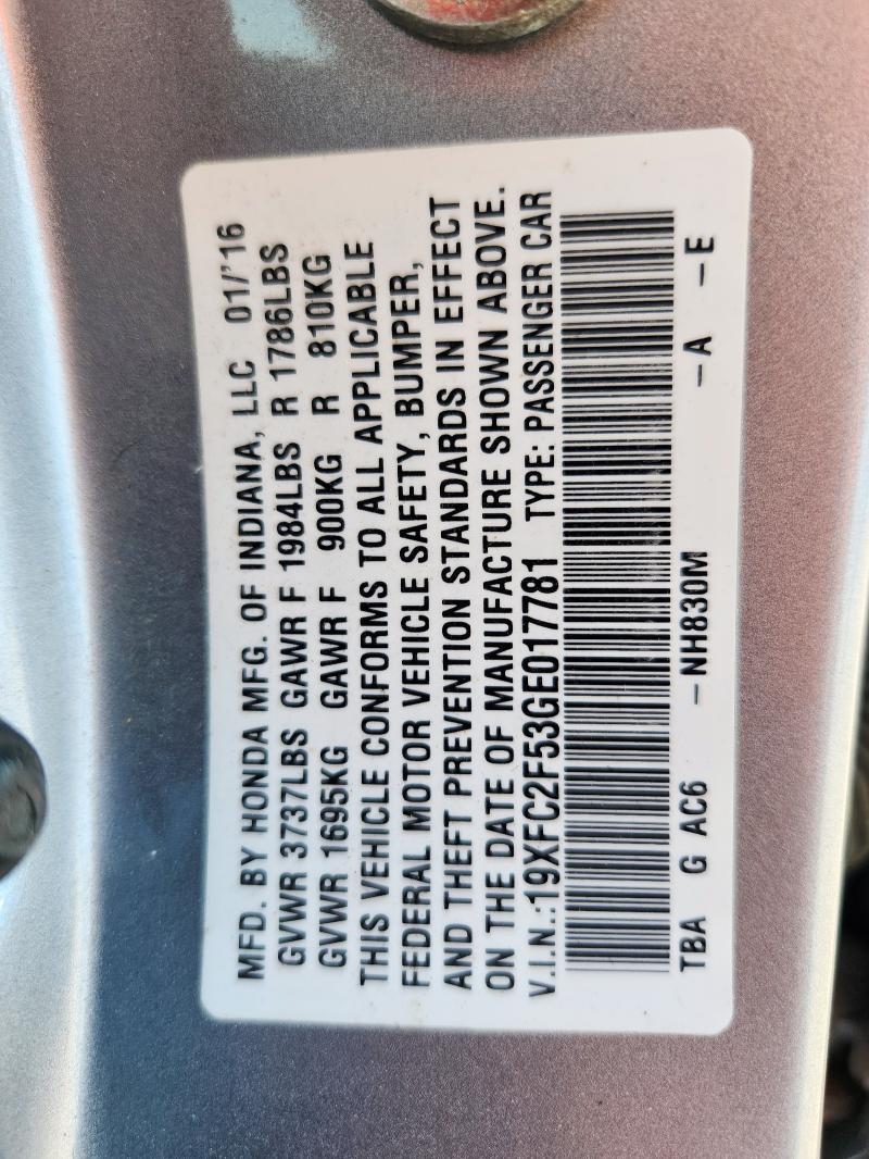 2016 HONDA CIVIC LX 19XFC2F53GE017781