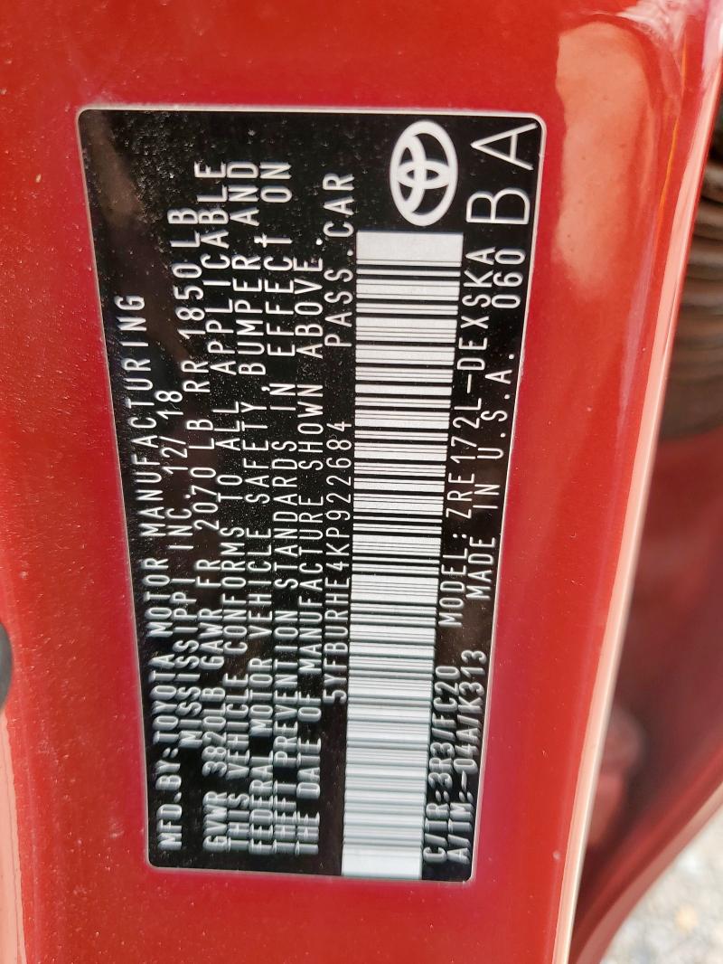 2019 TOYOTA COROLLA L 5YFBURHE4KP922684