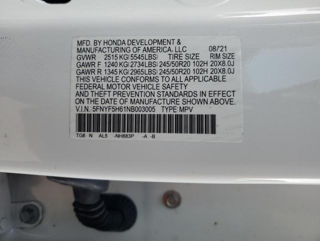 2022 HONDA PILOT TOUR 5FNYF5H61NB003005