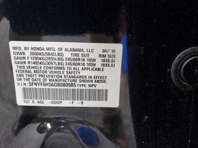 2016 HONDA PILOT EXL 5FNYF6H56GB080985
