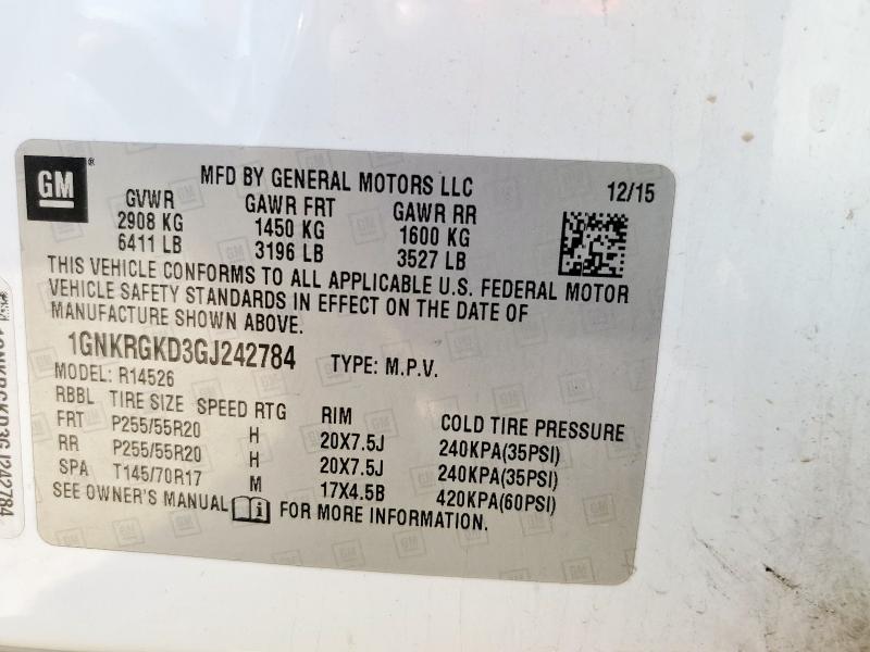 2016 CHEVROLET TRAVERSE LT 1GNKRGKD3GJ242784