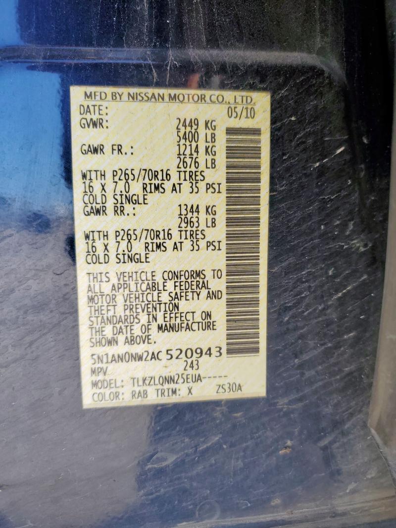 2010 NISSAN XTERRA OFF - 5N1AN0NW2AC520943