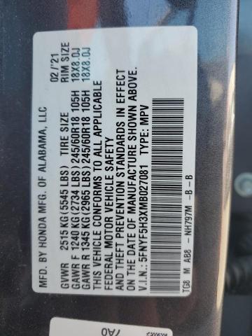 2021 HONDA PILOT EX 5FNYF5H3XMB027081