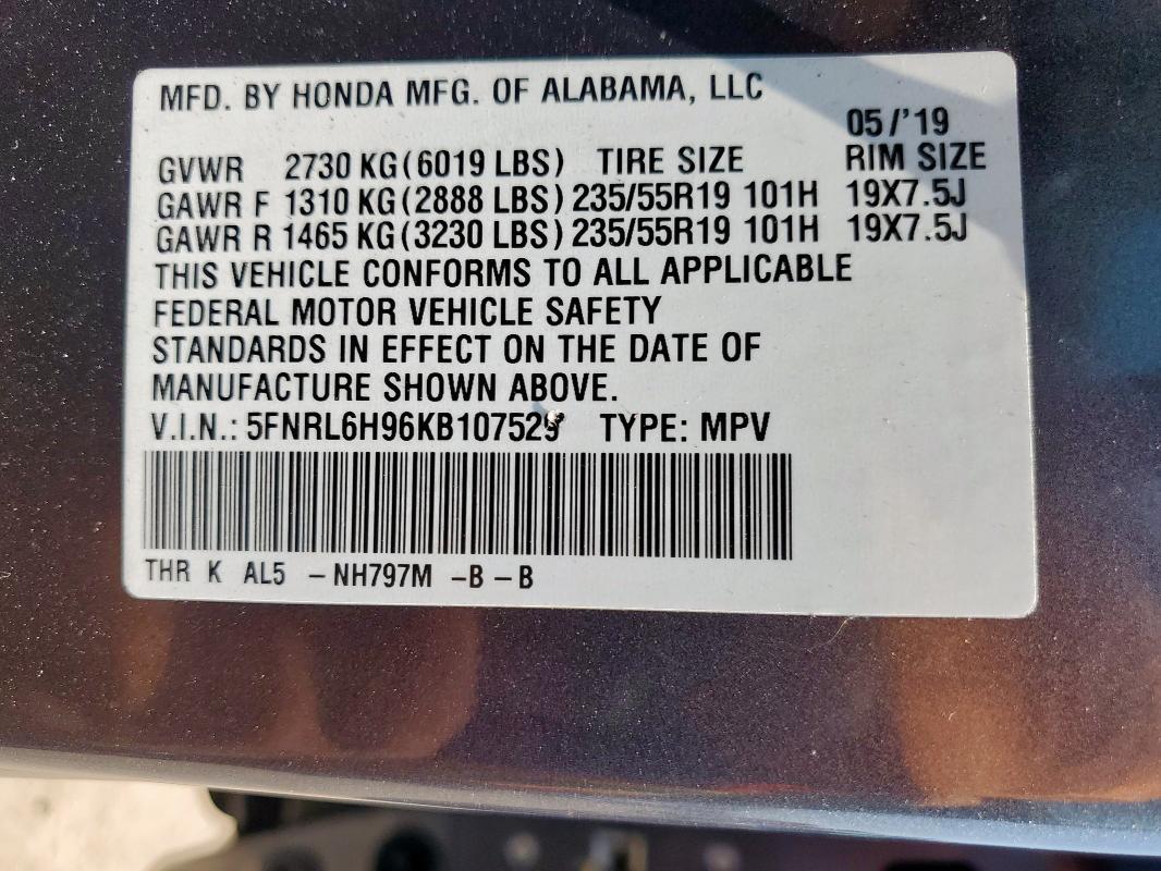 2019 HONDA ODYSSEY EL 5FNRL6H96KB107529