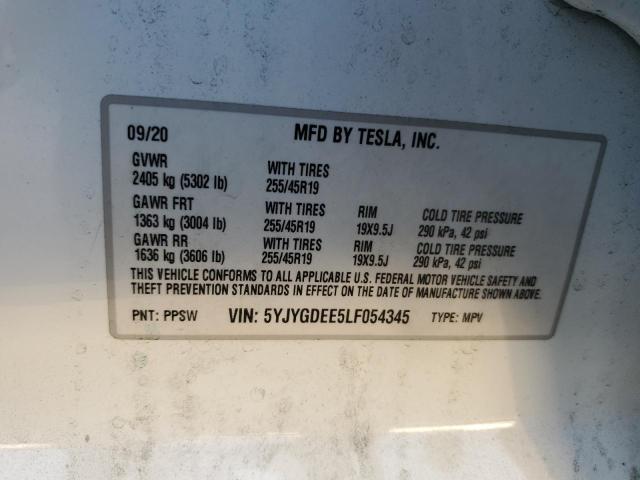 2020 TESLA MODEL Y 5YJYGDEE5LF054345