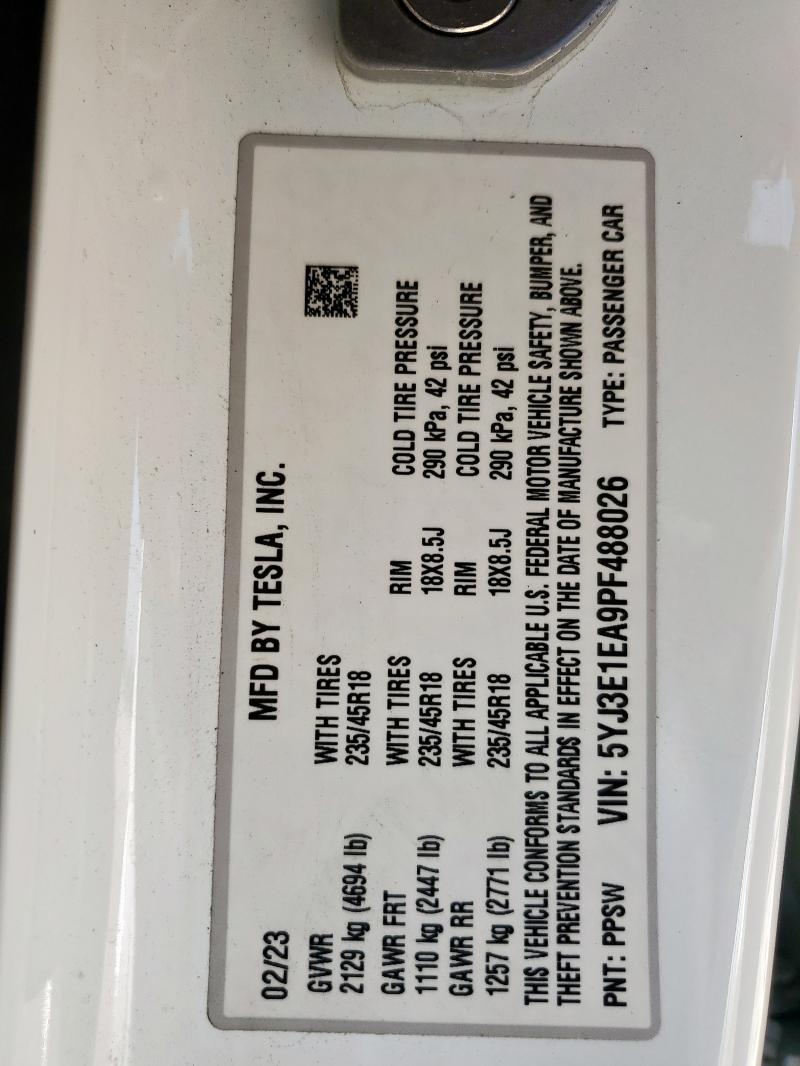 2023 TESLA MODEL 3 5YJ3E1EA9PF488026