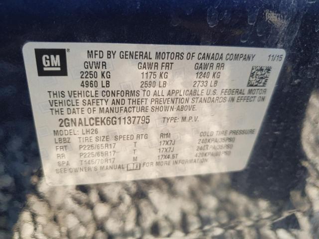 2016 CHEVROLET EQUINOX LT 2GNALCEK6G1137795