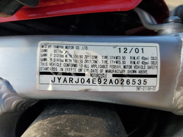 2002 YAMAHA YZFR6 L JYARJ04E92A026535