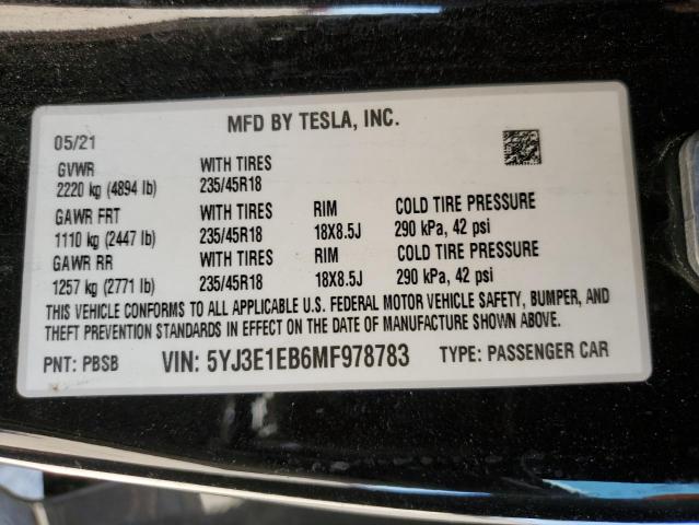 2021 TESLA MODEL 3 - 5YJ3E1EB6MF978783