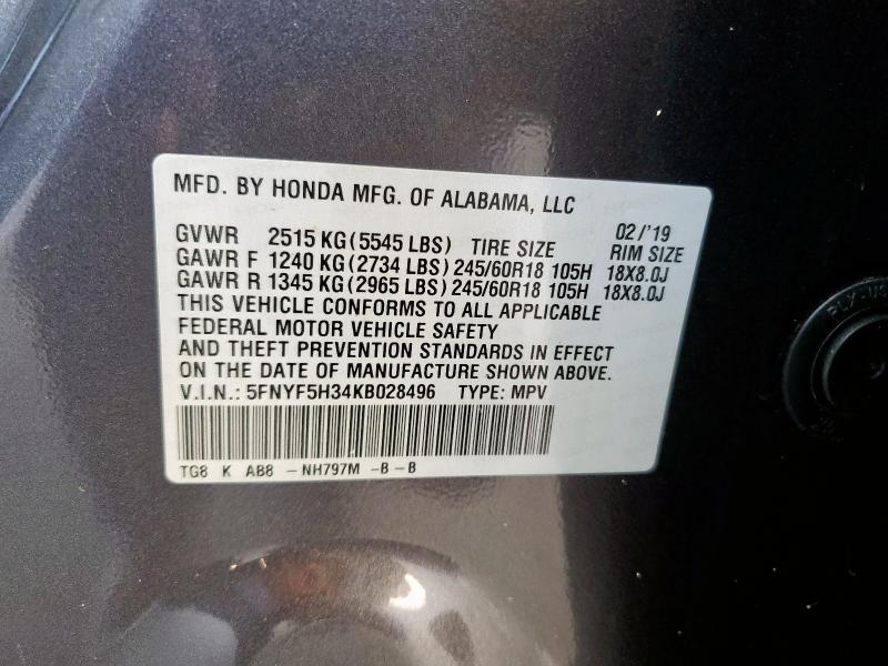 2019 HONDA PILOT EX 5FNYF5H34KB028496