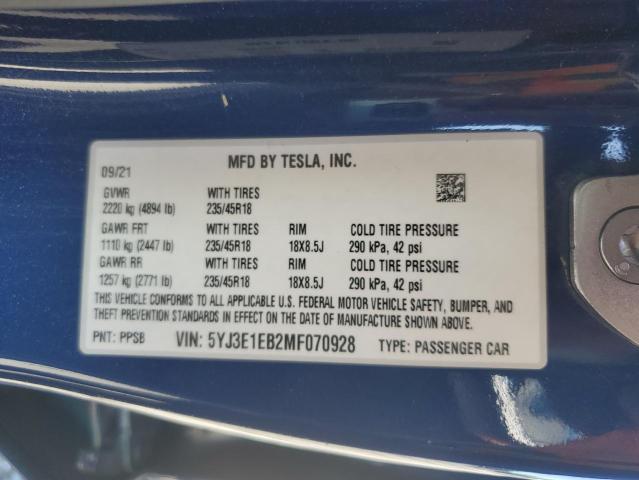 2021 TESLA MODEL 3 5YJ3E1EB2MF070928