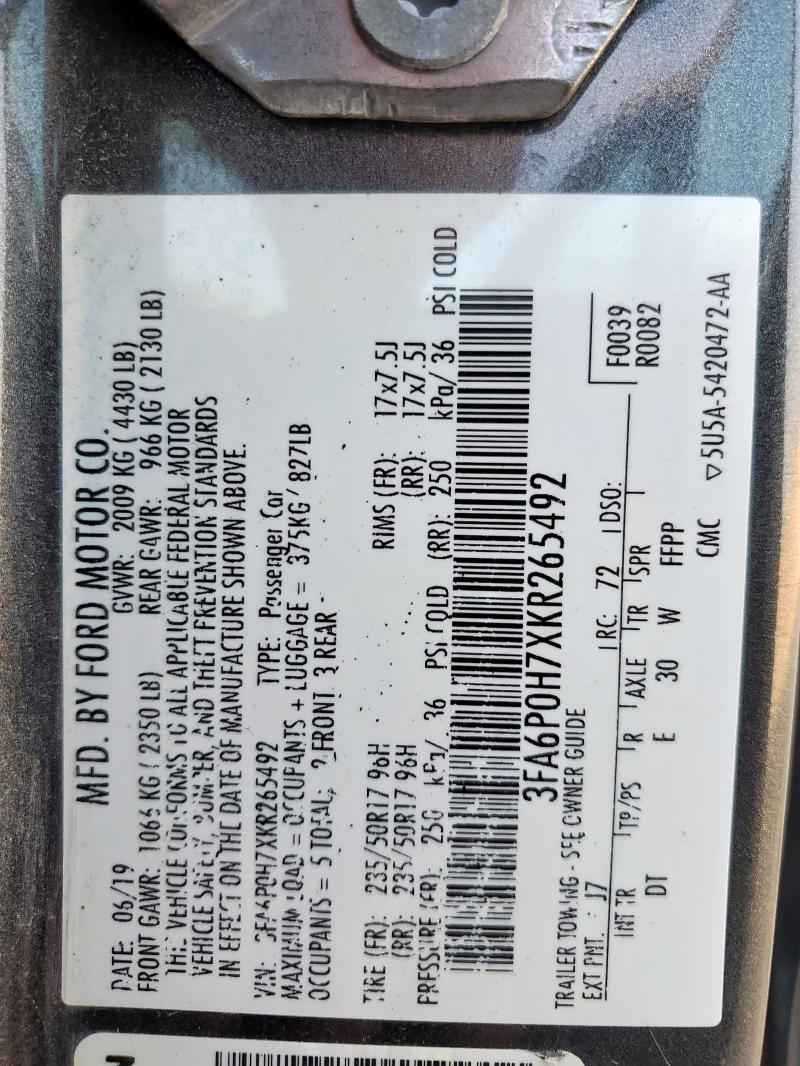 2019 FORD FUSION SE 3FA6P0H7XKR265492