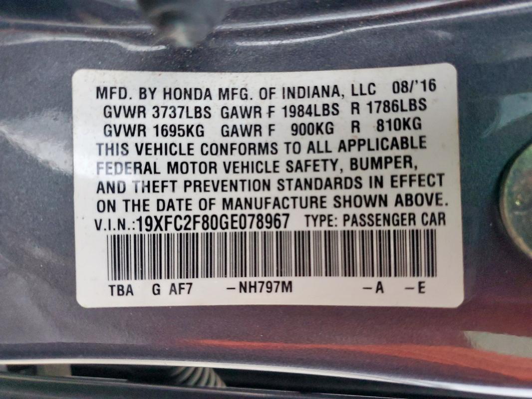 2016 HONDA CIVIC EX 19XFC2F80GE078967