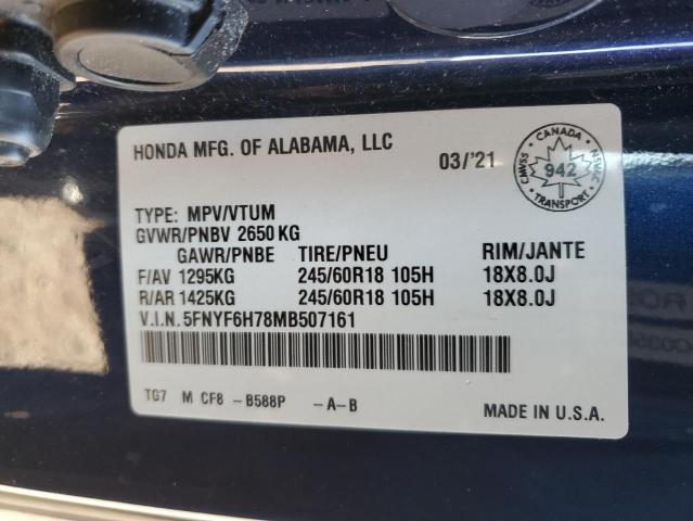 2021 HONDA PILOT BLAC 5FNYF6H78MB507161