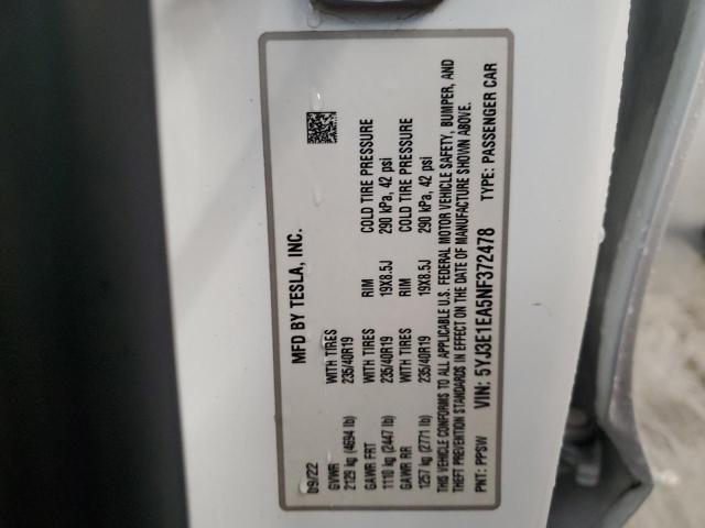 2022 TESLA MODEL 3 5YJ3E1EA5NF372478