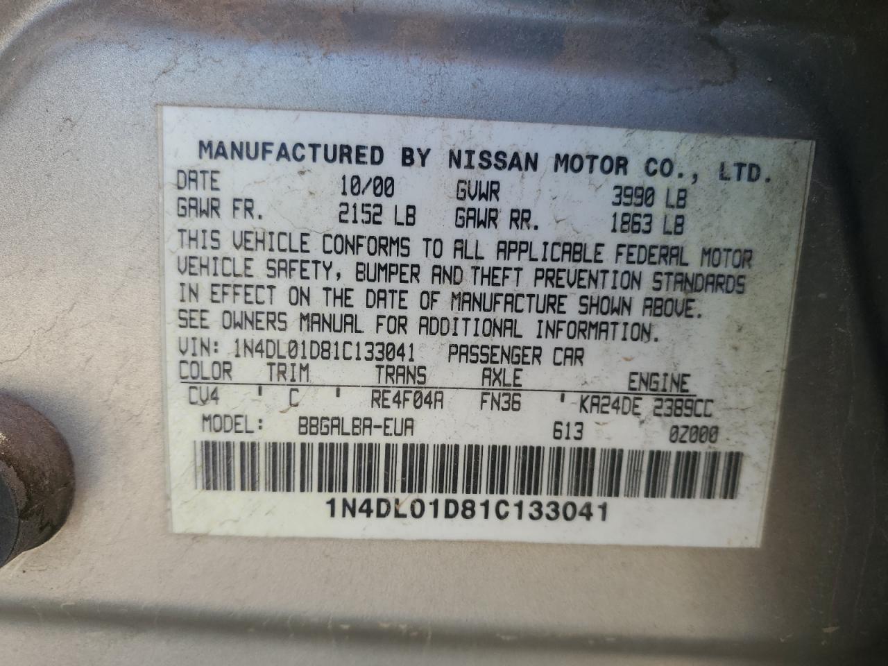 Lot #3220441352 2001 NISSAN ALTIMA XE