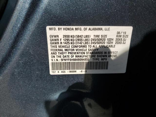 2019 HONDA PILOT TOUR 5FNYF6H66KB094855