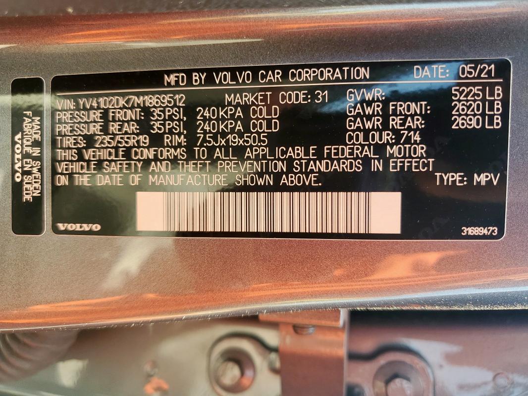 2021 VOLVO XC60 T5 MO YV4102DK7M1869512