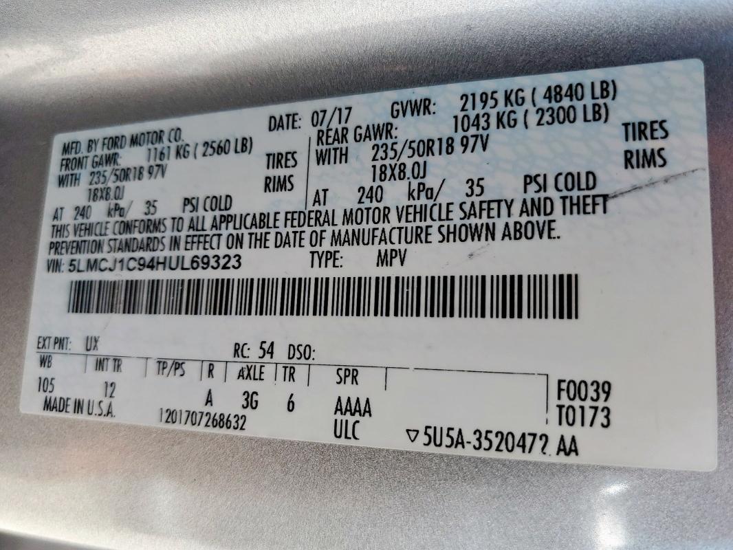 2017 LINCOLN MKC PREMIE 5LMCJ1C94HUL69323