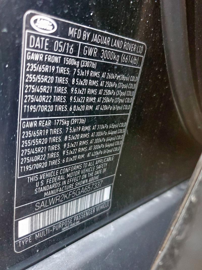 2016 LAND ROVER RANGE ROVE SALWR2KF5GA657337