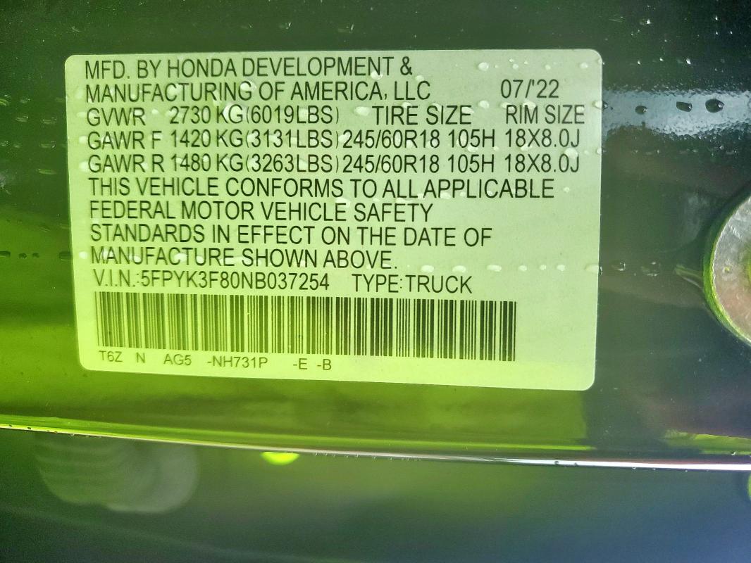 2022 HONDA RIDGELINE 5FPYK3F80NB037254