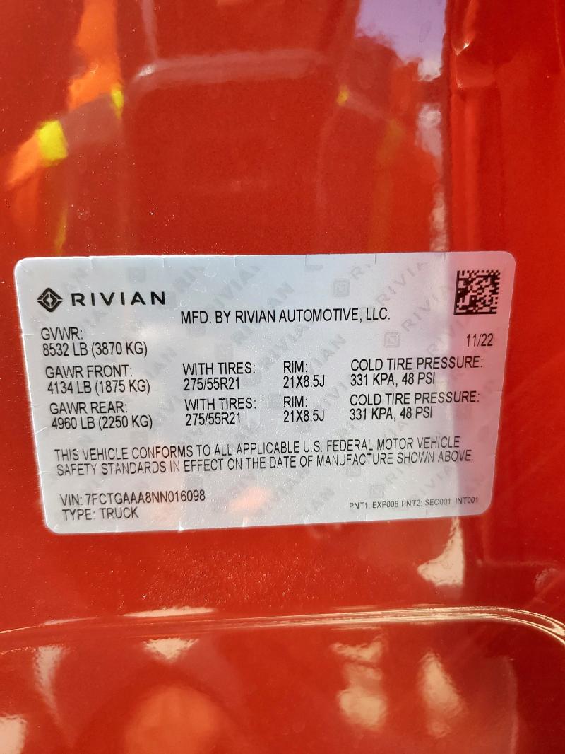 2022 RIVIAN R1T ADVENT - 7FCTGAAA8NN016098