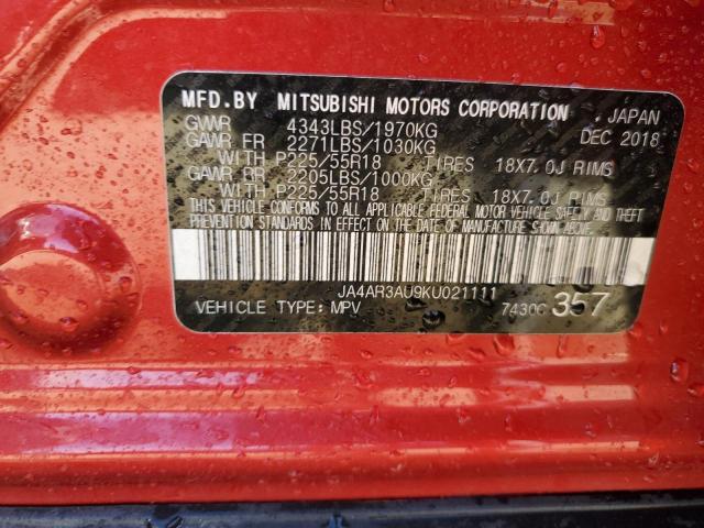 2019 MITSUBISHI OUTLANDER JA4AR3AU9KU021111