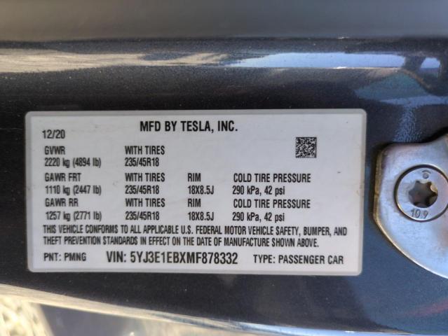 2021 TESLA MODEL 3 - 5YJ3E1EBXMF878332