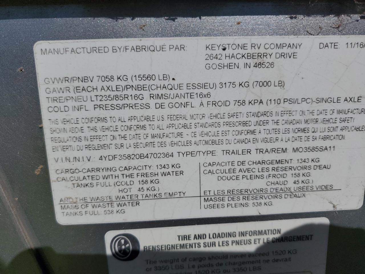 Lot #3283868438 2011 KEYSTONE BIG SKY