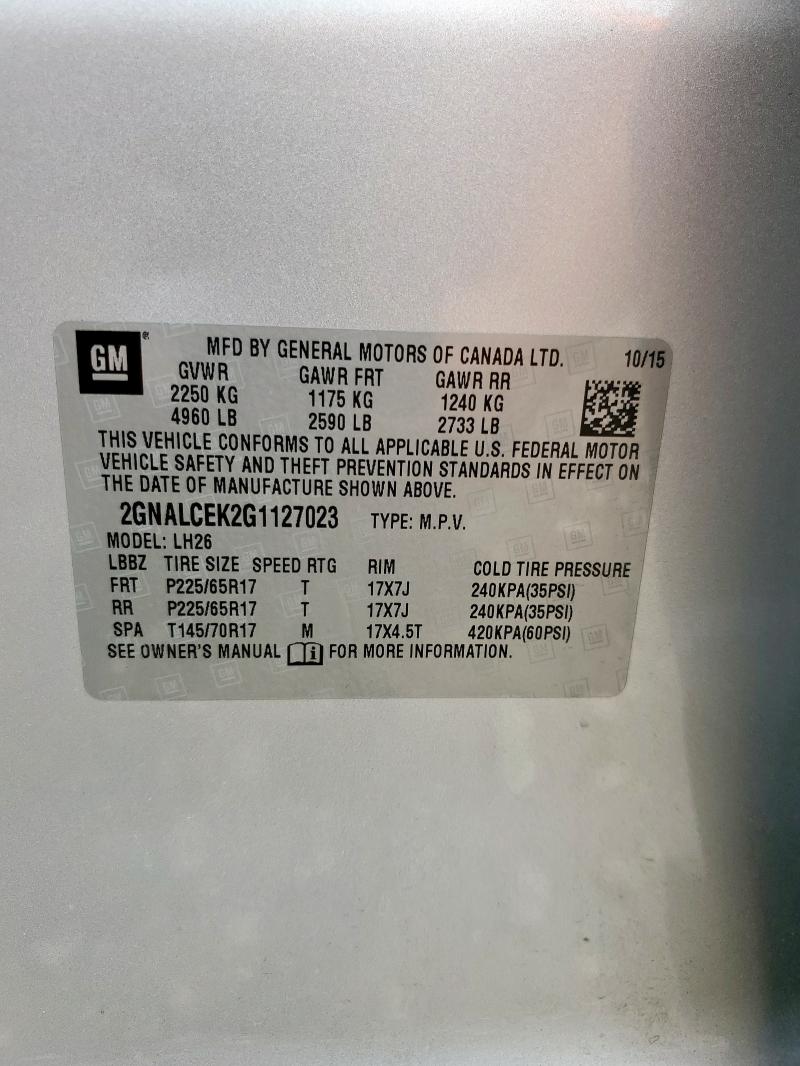 2016 CHEVROLET EQUINOX LT 2GNALCEK2G1127023