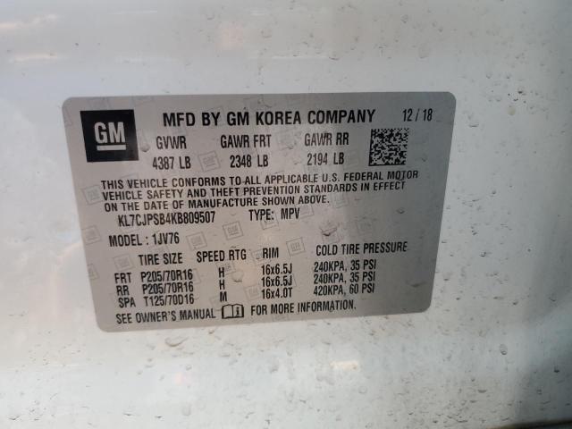 2019 CHEVROLET TRAX 1LT KL7CJPSB4KB809507